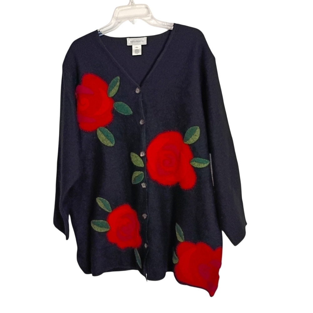 Susan Bristol Black Wool Cardigan with Bold Red Floral Accents - Size 2w